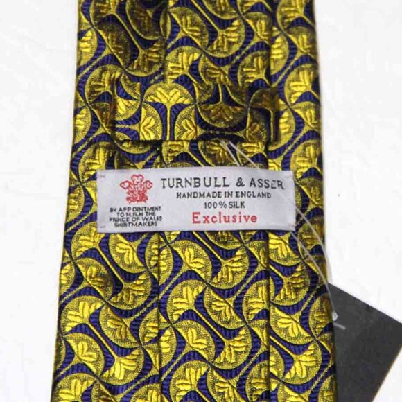 Turnbull and Asser Handmade English Silk Tie Gold Navy Blue Men's - Picture 2 of 2